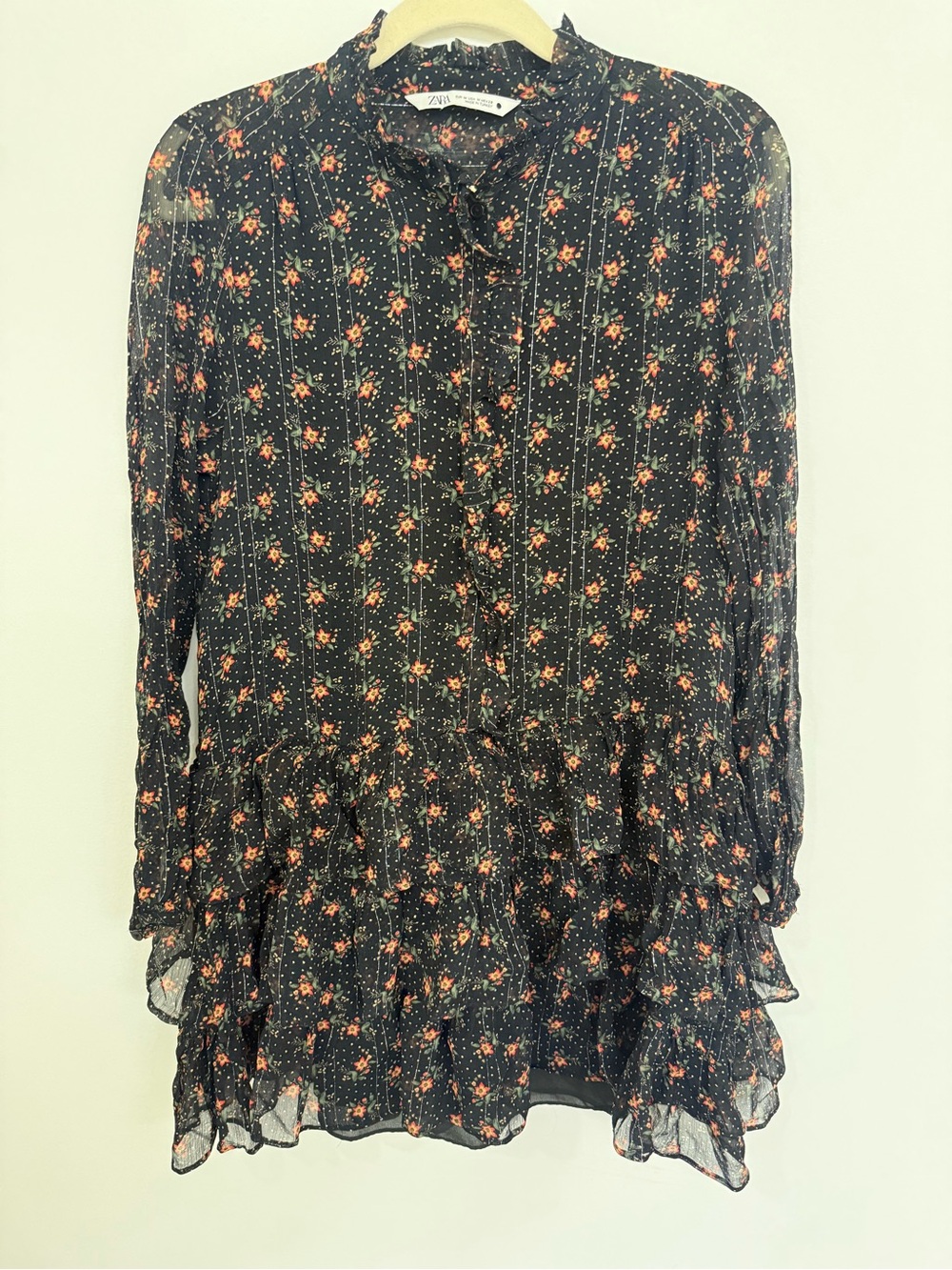 Zara Black Floral Ruffled Long-Sleeve dress Size Medium